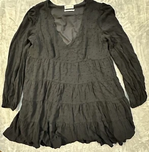 Urban Outfitters Womens LS Dress Small Flowy Black Dotted Romantic Ruffles Vneck - Picture 1 of 7