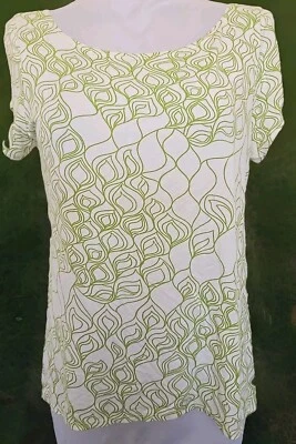 Manuheali'i Hawaii Womens M Ivory Green print Stretchy Top Hawaiian Aloha Wear - Image 1 of 4