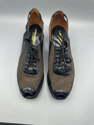 女式 10M 码 Remix 30s/40s 风格露趾楔形鞋棕色黑色皮革 — 第 1/4 张图片