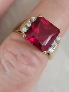 VINTAGE EDCO EMERALD CUT BRILLIANT SYNTHETIC RUBY W SIX ZIRCONIA 14k Plated (8) - Picture 1 of 12
