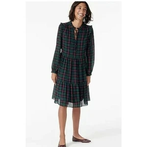 J. Crew Tie-Neck Tiered Dress in Black Watch Tartan Size Medium - Picture 1 of 5