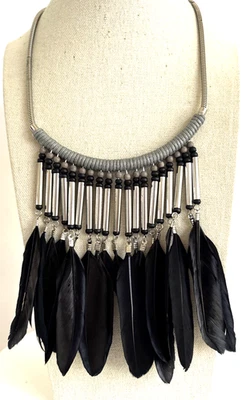 Black feather Collar necklace Silvertone With gray beads and silver tube beads - Image 1 of 4