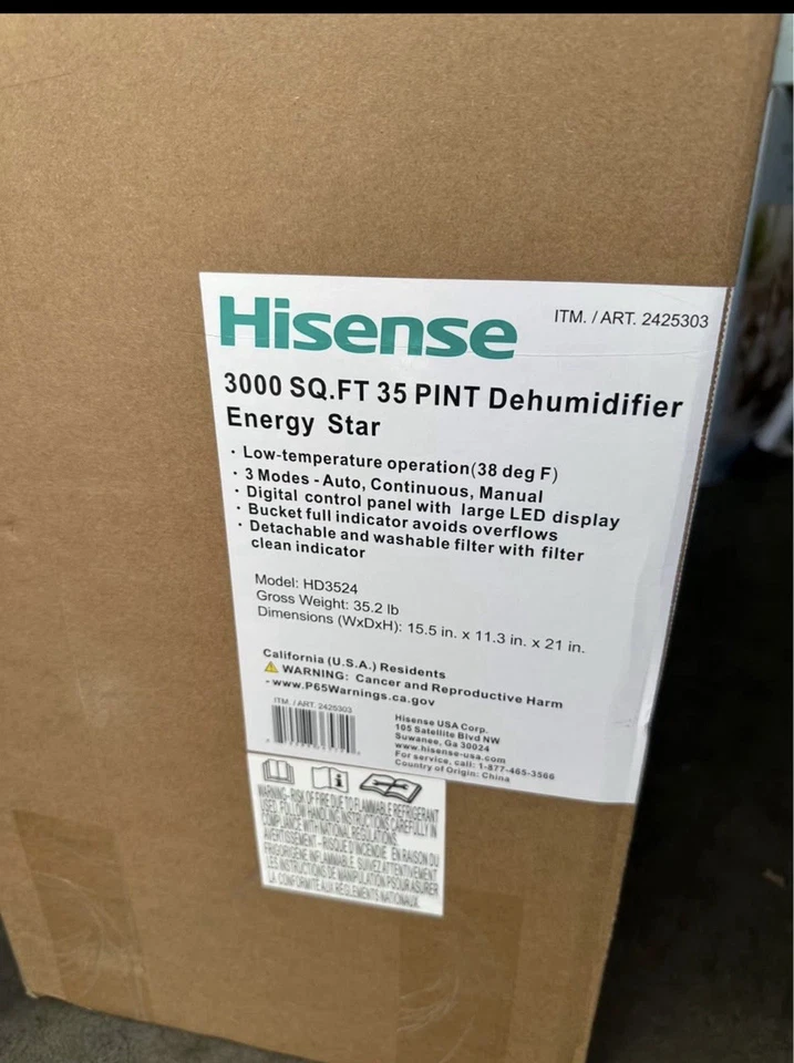 Hisense 35 pintas 3.000 m² Deshumidificador portátil de pies, sistema de flujo de aire de bajo ruido HD3 Foto 1 de 4