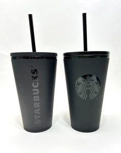 SET BESTEHEND AUS 2 Starbucks Matt Schwarz 16 Unzen Grande Becher Tassen Deckel & Strohhalme - Bild 1 von 6