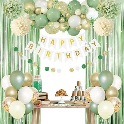 Decoraciones de fiesta de cumpleaños verde salvia para niñas mujeres con pancarta de feliz cumpleaños Foto 1 de 4