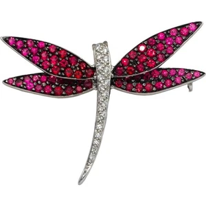18k White Gold 0.07CT Diamond and Pink Spinel Dragonfly Pendant Brooch Pin - Picture 1 of 3