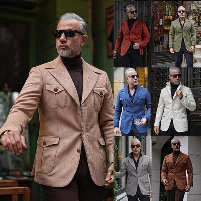 Suede Business Men Suit Slim Fit Double Breasted Wedding Prom Groom Peak Lapel - Image 1 of 4