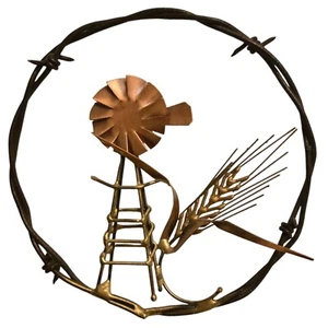 Metal Barbed Wire Windmill Wheat Wall Art Wreath FarmCore Country Small - Picture 1 of 11