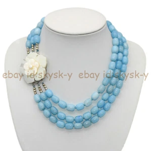 Charm 3 Rows Natural Blue Aquamarine Gems 9x11mm Barrel Beads Necklace 17-19'' - Picture 1 of 6