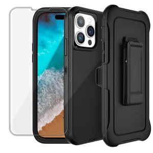 Black For Apple iPhone 14 Defender Case with Belt Clip+ Tempered Glass Screen - Picture 1 of 7