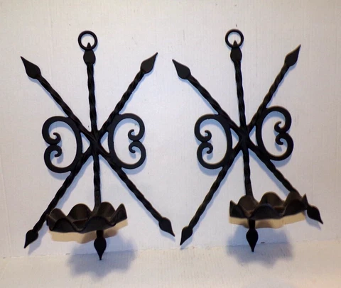 Vintage Black Wrought Iron Wall Sconce Candle Holder Pair Gothic Spanish Revival Cover