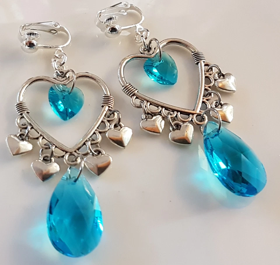 OHRCLIPS  CLIPS VERSILBERT TÜRKISBLAUE  KRISTALL HERZEN TROPFEN - Bild 1 von 1