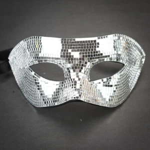 Men Masquerade Ball Mask Mirror Glass Disco Halloween Wedding Mardi Gras Silver - Picture 1 of 2