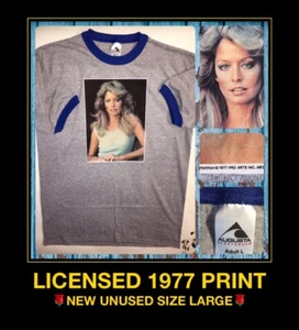 VTG 70s FARRAH FAWCETT 1977 Poster print Charlies Angels UNUSED Ringer t-shirt L - Picture 1 of 8