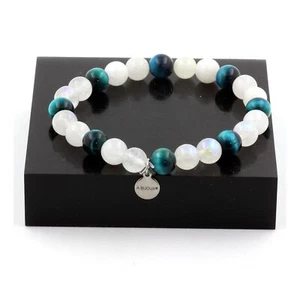 Pulsera Cuentas Piedra Lunar + Ojo de Tigre Azul Claro 8 Mm. Hecho Fra - Imagen 1 de 7