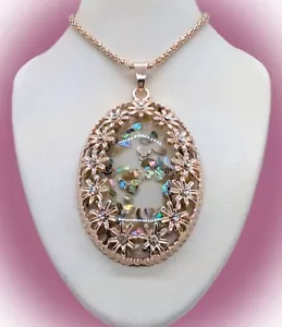 Betsey Johnson Floating Abalone & Crystal Fancy Oval Floral  Rose Gold Necklace - Picture 1 of 16