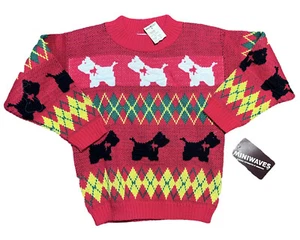 Vintage 1980’s Miniwaves Child’s Christmas Sweater Red Argyle Scottie Dogs NWT - Picture 1 of 4