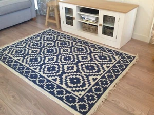 Blue Rug Cream Wool Cotton Kilim Geometric Area Living Room Rugs 2 Sizes - Picture 1 of 14