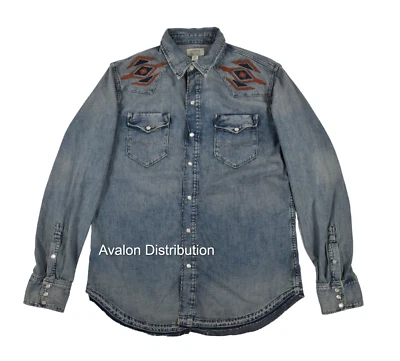 Polo Ralph Lauren  RRL Style Embroidered Western Aztec Frayed Denim Shirt New - Image 1 of 4