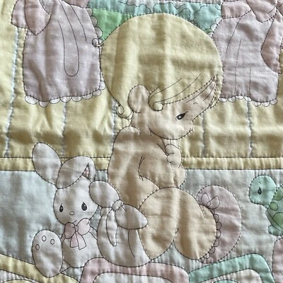 Vintage Precious Moments Our Baby Blanket Quilted  Pastel Lace Trim Quilt - Image 1 of 4