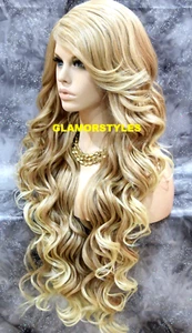 LACE FRONT FULL WIG EXTRA LONG WAVY LAYERED SIDE PART MEDIUM BLONDE MIX HEAT OK - Picture 1 of 8