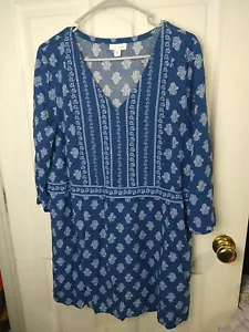 J. Jill Woman M Blouse Blue V Neck 3/4 Sleeve Floral Woodblock Tunic Pullover - Picture 1 of 8