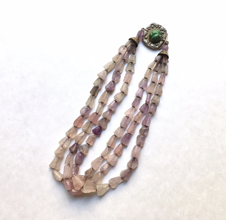 Colar antigo chinês de contas de ametista e quartzo rosa exportação com fecho turquesa - Imagem 1 de 4