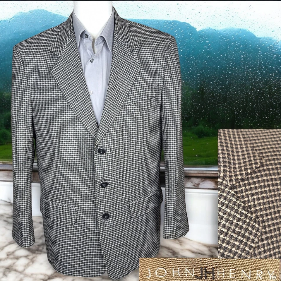 John Henry Sport coat Blazer Mens 40R Black White Grid Check 3 Button Ventless - Image 1 of 4