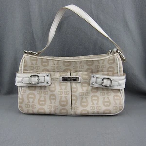 Etienne Aigner Handbag Beige Leather Canvas Snap Zip Handbag Tote VTG - Picture 1 of 14