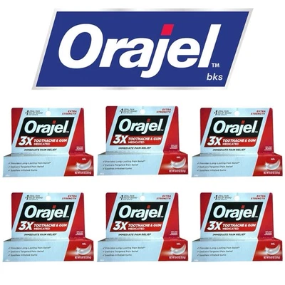 6 Orajel 3X Toothache & Gum Pain Medicated Extra Gel Tube 0.42 oz Lot EXP 2027 - Image 1 of 2