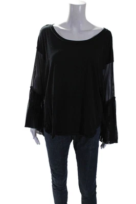 Free People Womens Black Mesh Trim Bell Long Sleeve Scoop Neck Blouse Top Size S Foto 1 de 4