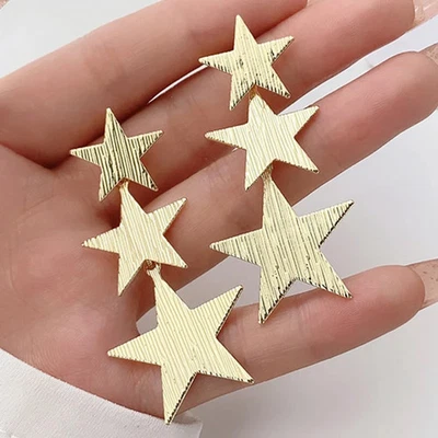 Gold Tone Star Dangle Earrings Women Long Metal Punk Pendant Layered Jewelry - Image 1 of 4