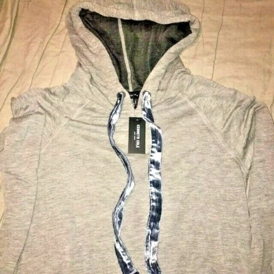 NUEVO CON ETIQUETAS Kenneth Cole Gris Sudadera con Capucha Azul Terciopelo Cordón Pullover Camisa Mujer Talla L Foto 1 de 4