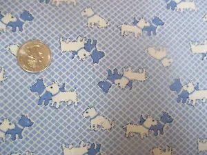 Vintage BLAU CREME SCOTTIE DOGS auf blauen Karos 1990er BAUMWOLLSTOFF - über 3 Yard - Bild 1 von 2