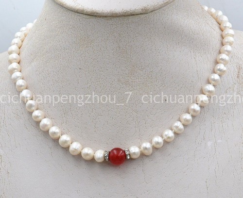 VETEMENTS Bellissima collana perle barocche bianche vere 7 8 mm 10 mm giada rossa 18''