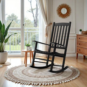 Wooden Rocking Chair with Armrest Indoor Outdoor High Back Porch Rocker Black - Picture 1 of 16