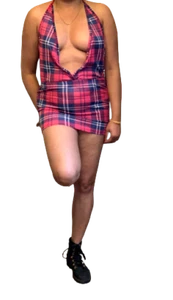 Tartan Mini Dress Pink Checked Strappy Pinafore Women's Gingham Christmas Party - Picture 1 of 12