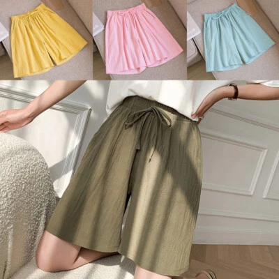 Womens Cotton Linen Shorts Drawstring Elastic High Waist Wide Leg Casual Pants - Image 1 of 4