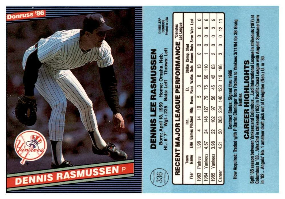 1986 Donruss #336 Dennis Rasmussen  - Image 1 of 1