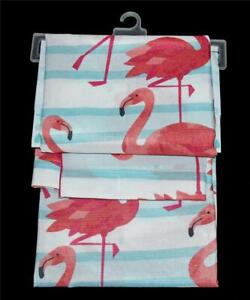 Deborah Connolly Coral Flamingos Aqua White Stripes Nubby Shower 71x72Curtain