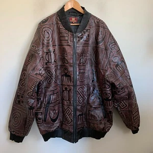 Burgundy Bomber Jacket Brown Faux Leather Hieroglyphs Embossed Zip Pockets 5XL - Picture 1 of 11
