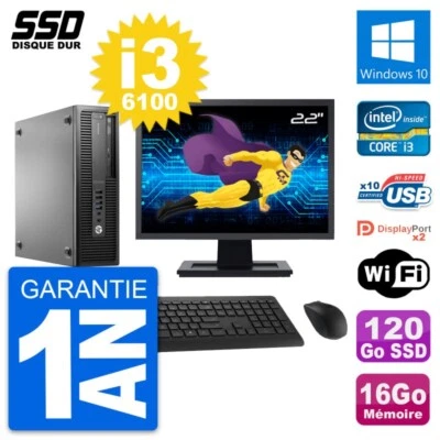 PC HP EliteDesk 800 G2 SFF Ecran 22" i3-6100 RAM 16Go SSD 120Go Windows 10 Wifi - Photo 1/4
