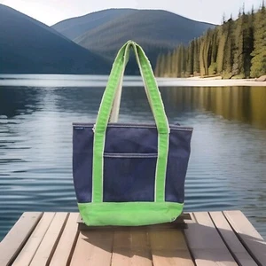 Bolso grande de lona vintage Lands End azul y verde envejecido barco y bolso #pb - Imagen 1 de 14