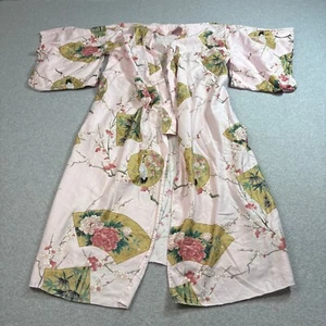 Vintage Japanese Kimono Woman L Pink Floral Rose Fan Robe Belt Loungewear Cotton - Picture 1 of 11