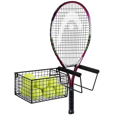 MyGift Wall Mounted Black Metal Tennis Racket Holder with Ball Storage Basket