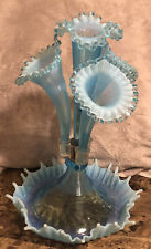 RARE FENTON For LG Wright Opalescent Blue Glass 4 Horn Large Epergne 1940 RARE