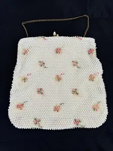 Vintage Corde Perlen creme weiß rosa Blumen Klapp Druckknopf Handtasche Boho Retro - Bild 1 von 15