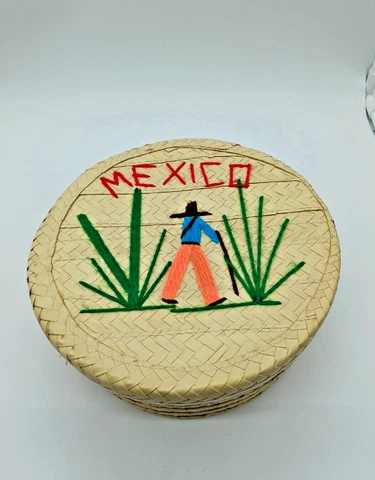 Mexican Woven Straw Basket with Lid Embroidered Yarn  Round Sewing Cover