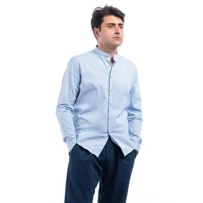 Camicia Uomo Cotone Bianca Nera Collo Coreana Casual Slim Fit Manica Lunga VEQUE - Immagine 1 di 2