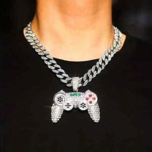 Gold Plated Iced Large game controller Cubic Zirconia Iced Cuban Chain Necklace - Picture 1 of 12